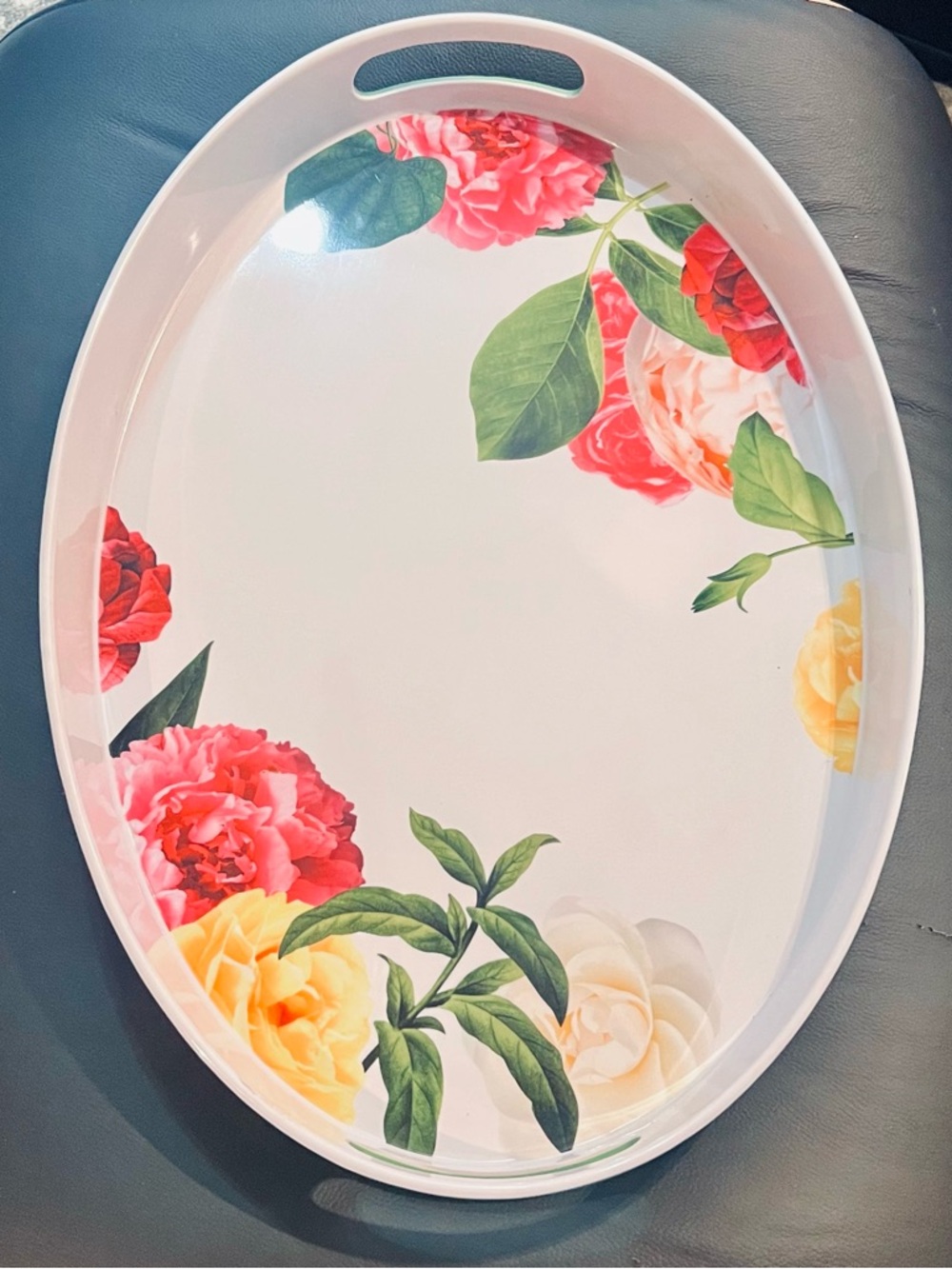 kate spade Floral Oval Serving Tray in White with Pink, Red, Yellow and Green